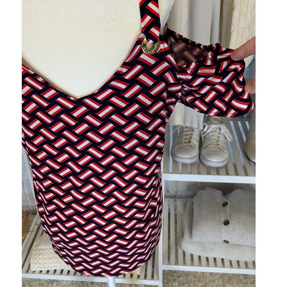 Michael Kors Women's Sz M Navy, Red, White Graphic Print Off Shoulder Top #0338 - Picture 6 of 11